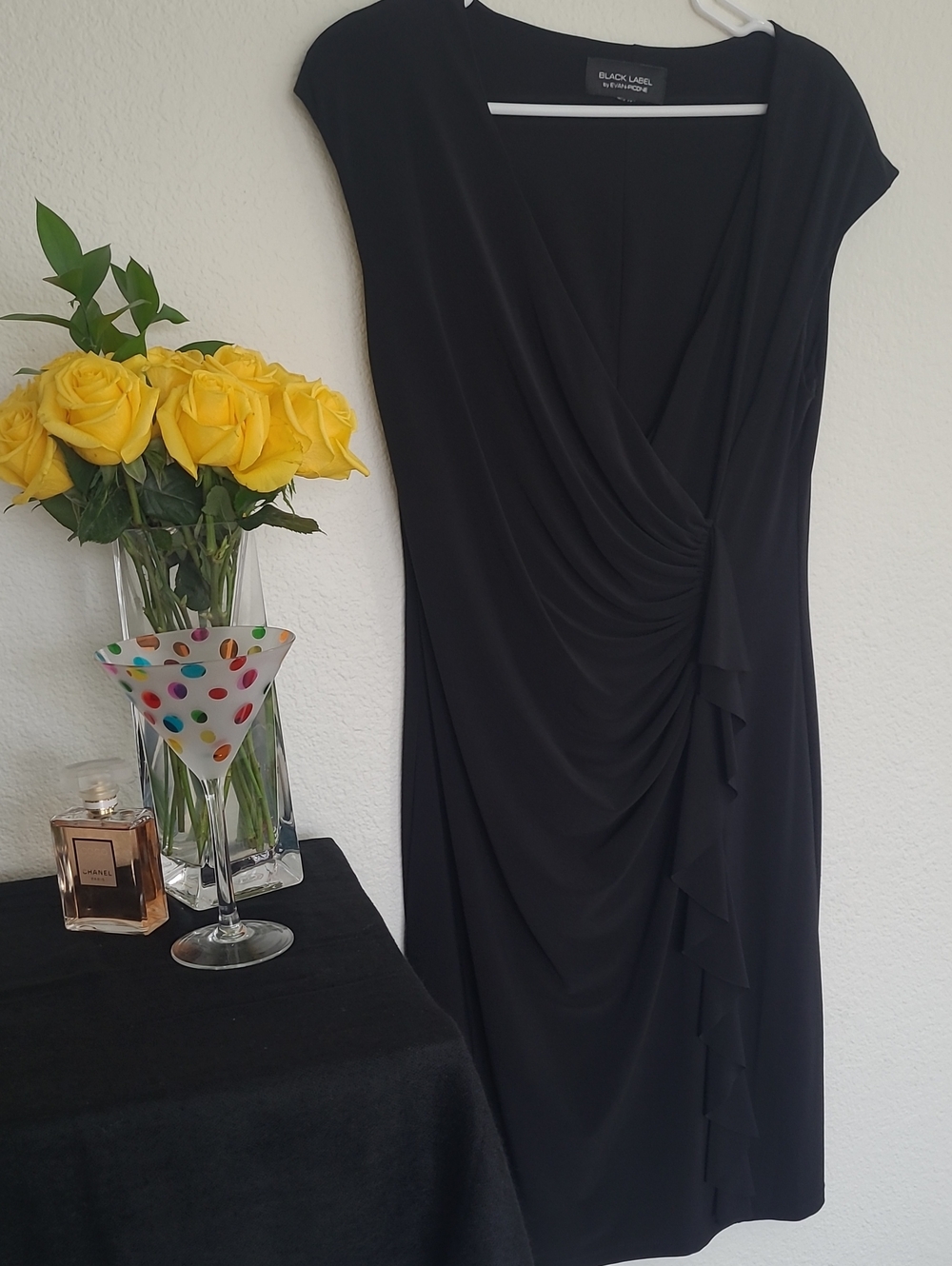 Evan-Picone  Black Draped Midi Dress with Ruffle Front